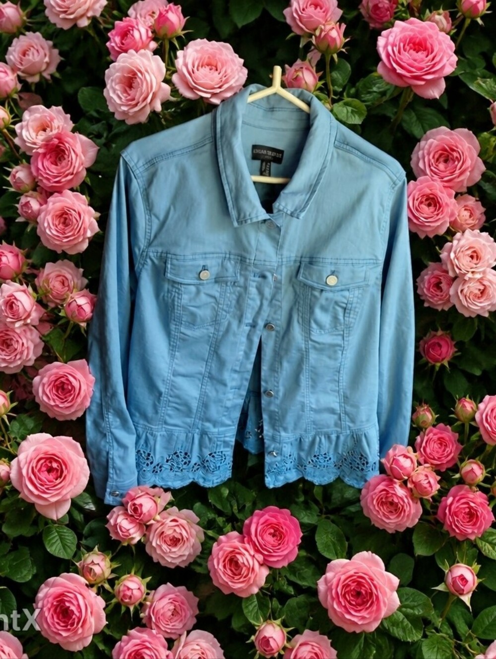 Susan Graver Light Blue Embroidered-Hem Women's Jacket - Picture 3 of 11